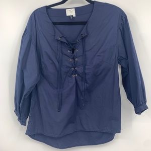 HD in Paris women's small blouse popover lace front 3/4 sleeve blue cotton